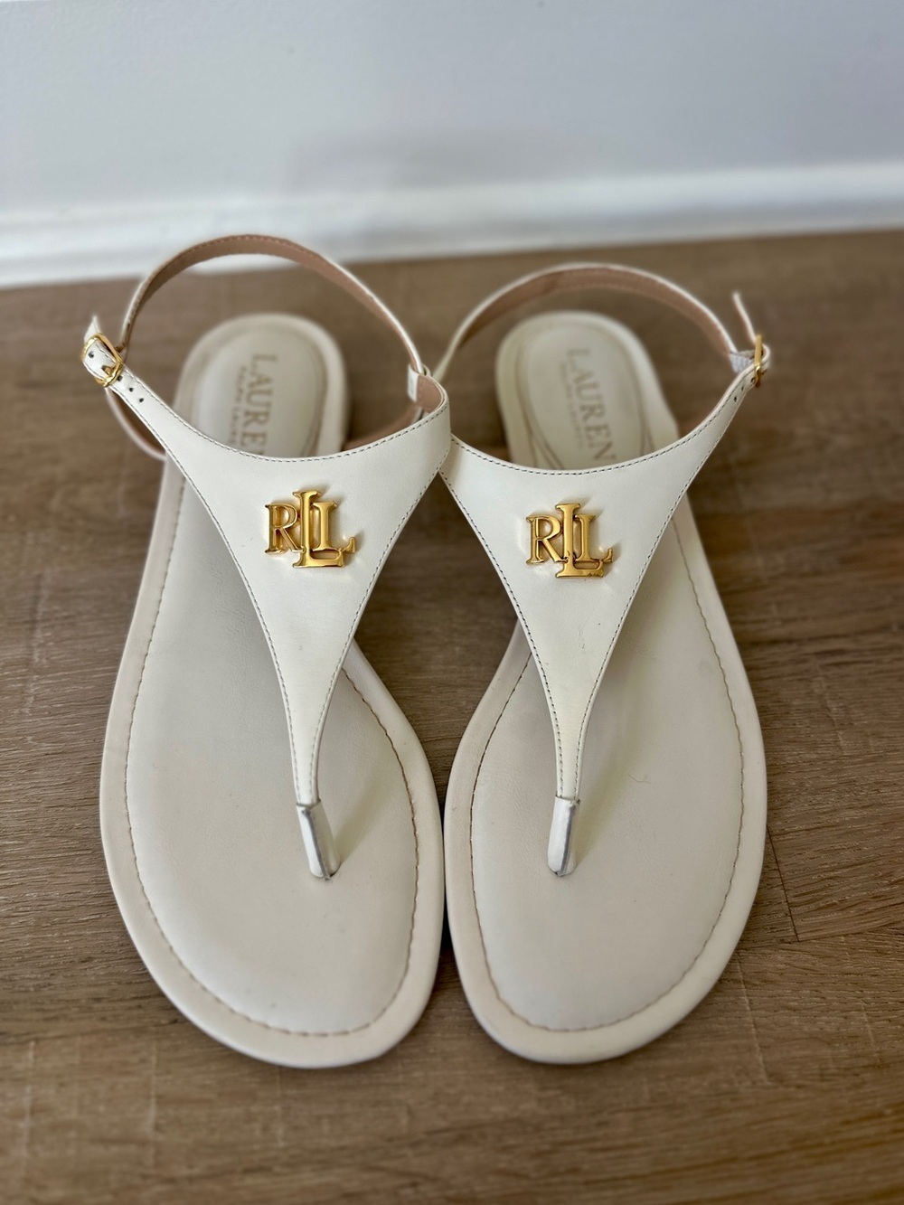 Ralph Lauren Gold-Accented Cream Leather T-Strap Sandals